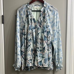 Entro Blue and White Ruffled Blouse